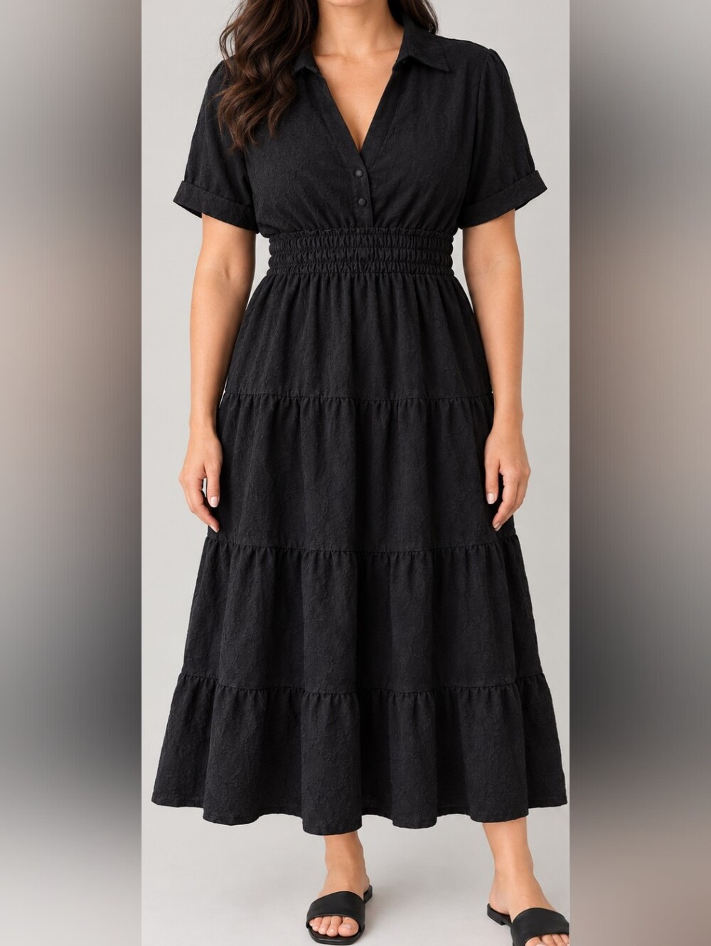 BloomChic Black Tiered V-Neck Midi Dress with Shirred Waist